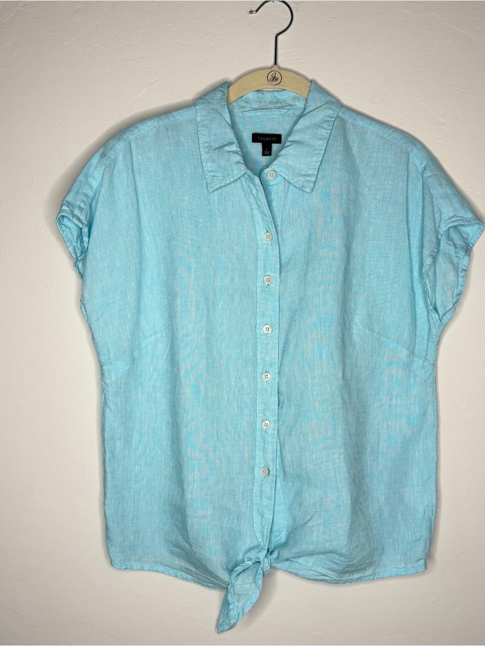 Talbots Sky Blue Tie-Hem Short-Sleeve Linen Shirt button down blouse summer S